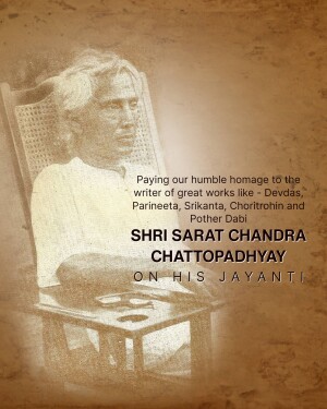 Portrait of Shri Sarat Chandra Chattopadhyay with text commemorating his Jayanti