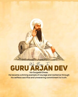 Portrait of Guru Arjan Dev Ji with text commemorating his Gurpurab