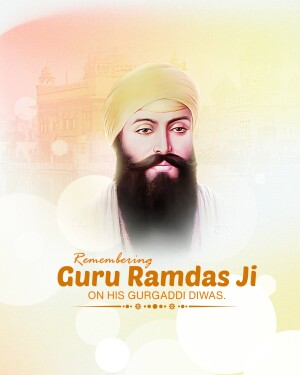 Portrait of Guru Ramdas Ji with text commemorating Gurpurb