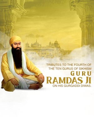 Portrait of Guru Ramdas Ji with the Golden Temple in the background