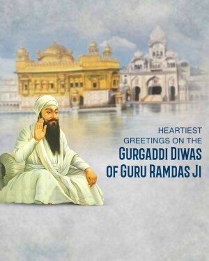 Image depicting Guru Ramdas Ji with the Golden Temple in the background, celebrating Gurugaddi Diwas.