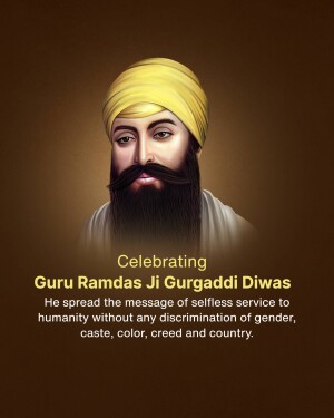 Portrait of Guru Ramdas Ji with text celebrating Gurpurb