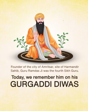 Illustration of Guru Ramdas Ji with text commemorating GurGaddi Diwas