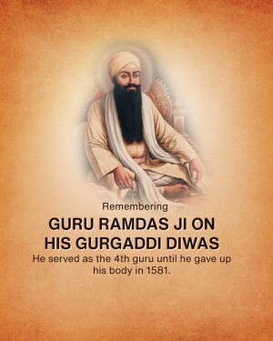 Portrait of Guru Ramdas Ji with text commemorating his Gurpurb