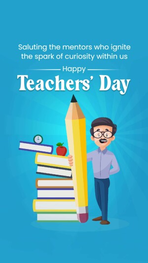 Illustration of a teacher character with books and a pencil, celebrating Teachers' Day.
