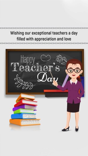 Illustration of a teacher with a chalkboard and books, wishing teachers a happy day.
