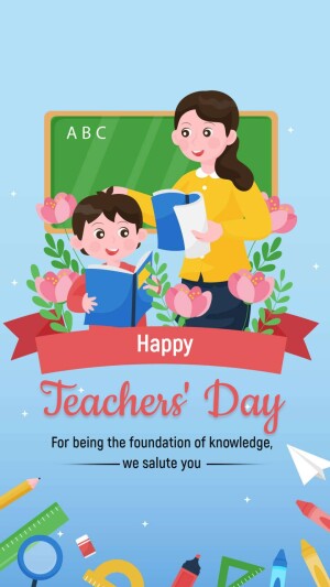 Illustration of a teacher and student reading together with a 'Happy Teachers' Day' message.