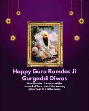 Portrait of Guru Ramdas Ji with festive decorations and text 'Happy Guru Ramdas Ji Gurpurb'