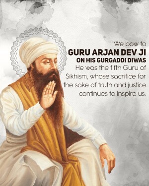 Portrait of Guru Arjan Dev Ji with text commemorating Gurpurb