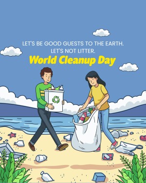 Illustration of a man and woman cleaning up a beach on World Cleanup Day.