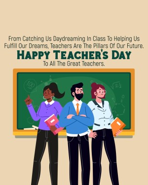 Illustration of teachers with a chalkboard and text 'Happy Teacher's Day'