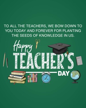 Happy Teacher's Day graphic with books, globe, and graduation cap