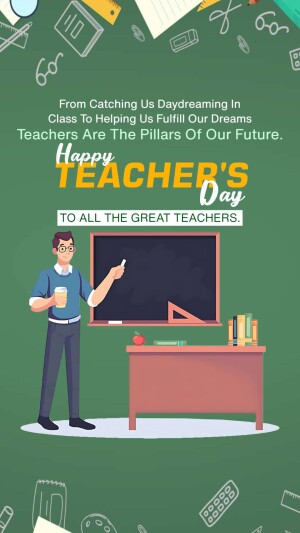 Illustration of a teacher standing in front of a chalkboard with school supplies, celebrating Teacher's Day.