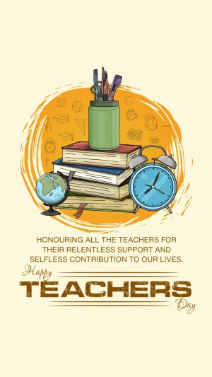 Illustration of books, school supplies, and a globe with a 'Happy Teachers Day' message.