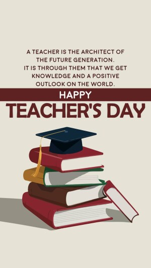 Image depicting a stack of books with a graduation cap, celebrating Teacher's Day with a motivational quote.