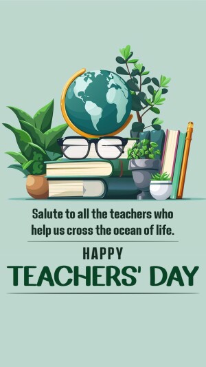 Illustration of books, a globe, and plants with a Teachers' Day greeting.