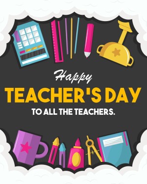 Illustration of school supplies with a 'Happy Teacher's Day' message.