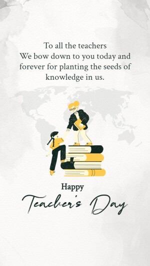 Illustration of students and a teacher with a stack of books, celebrating Teacher's Day.