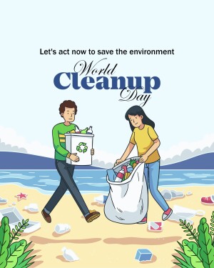 Illustration of a man and woman cleaning up a beach on World Cleanup Day.