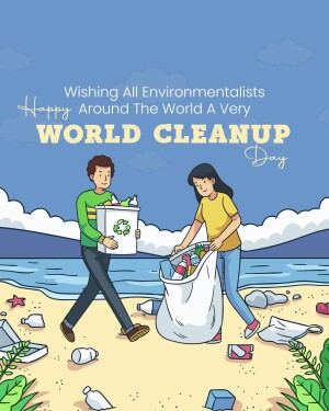 Illustration of a couple cleaning up a beach for World Cleanup Day