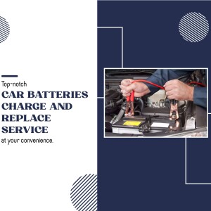 Mechanic working on a car battery with text advertising battery service and replacement.