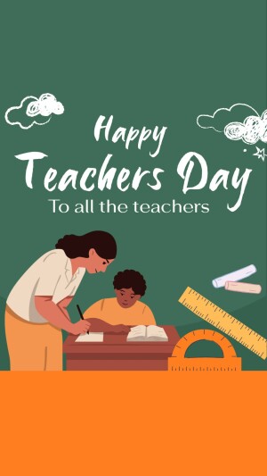 Illustration of a teacher helping a student with their work, with the text 'Happy Teachers Day'