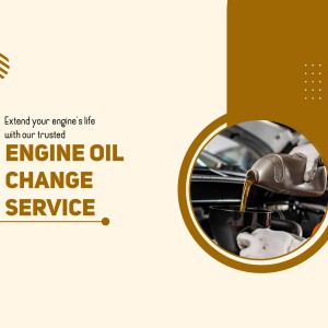 Advertisement for engine oil change service with an image of oil being poured into an engine.