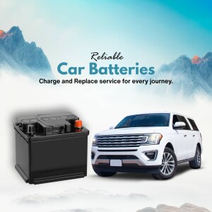 Car battery and SUV with text 'Reliable Car Batteries'