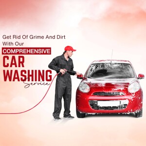 Man washing a red car with a pressure washer