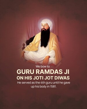 Portrait of Guru Ramdas Ji with text commemorating his Jot Jot Diwas