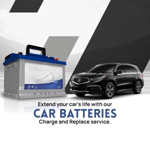 A car battery and a black Acura SUV with text promoting car battery services.