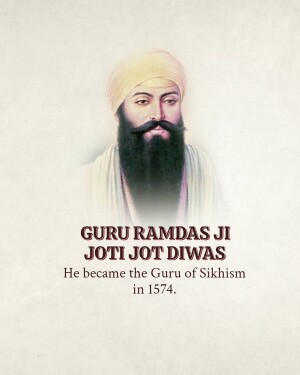 Portrait of Guru Ramdas Ji with text commemorating Jot Jot Diwas