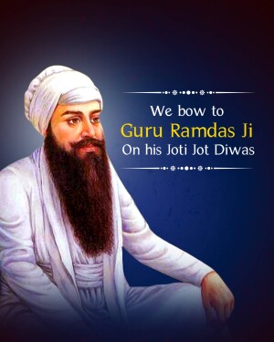 Portrait of Guru Ramdas Ji with text commemorating his Jot Jot Diwas