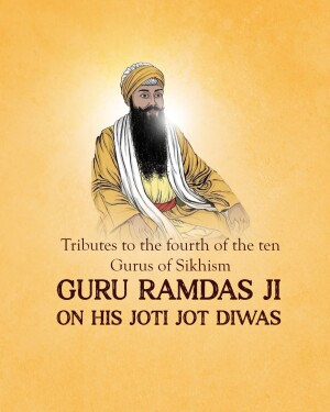Portrait of Guru Ramdas Ji with text commemorating his Jot Jot Diwas