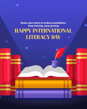 Illustration of books, a quill, and inkwell with the text 'Happy International Literacy Day'