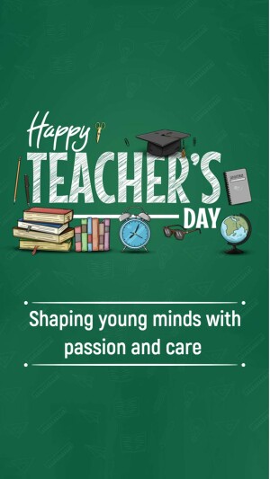 Illustration of school supplies and a globe with the text 'Happy Teacher's Day'