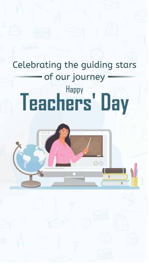 Illustration of a teacher on a laptop with educational elements, celebrating Teachers' Day.