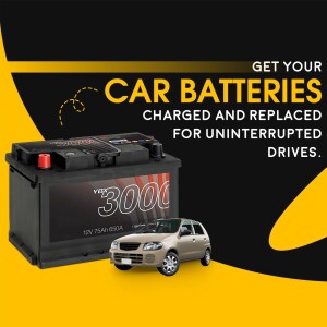 Image of a car battery with a car illustration, advertising battery replacement and charging services.