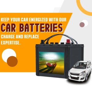 Image of a car battery with a car in the background, advertising battery services.