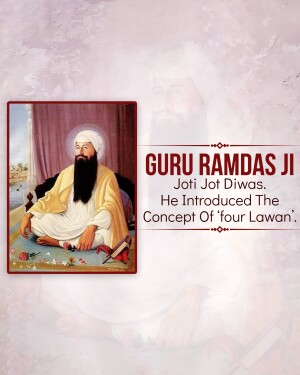 Portrait of Guru Ramdas Ji with text commemorating his Jot Jot Diwas