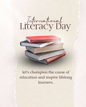 Image celebrating International Literacy Day with a stack of books.