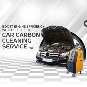 Image of a car with its hood open undergoing carbon cleaning with a specialized machine.