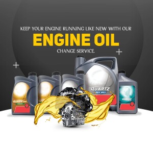 Advertisement for engine oil change service with quarts engine oil bottles and engine components.