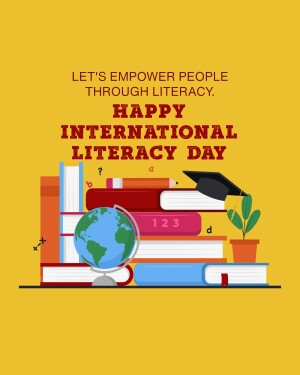 Illustration of books, a globe, and a graduation cap celebrating International Literacy Day.