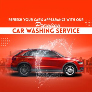 Red car being washed with water splashes, promoting a premium car washing service.