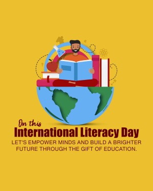 Illustration depicting a man reading a book on top of a globe with the text 'International Literacy Day'