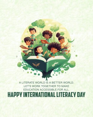 Illustration of children reading on an open book shaped like a tree, celebrating International Literacy Day.