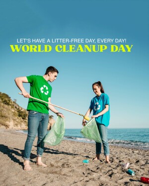 Two young people cleaning up trash on a beach for World Cleanup Day.