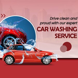 Red car being washed with water splashes and a promotional graphic for car washing services.