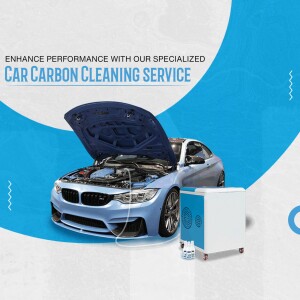Blue car with open hood and carbon cleaning machine